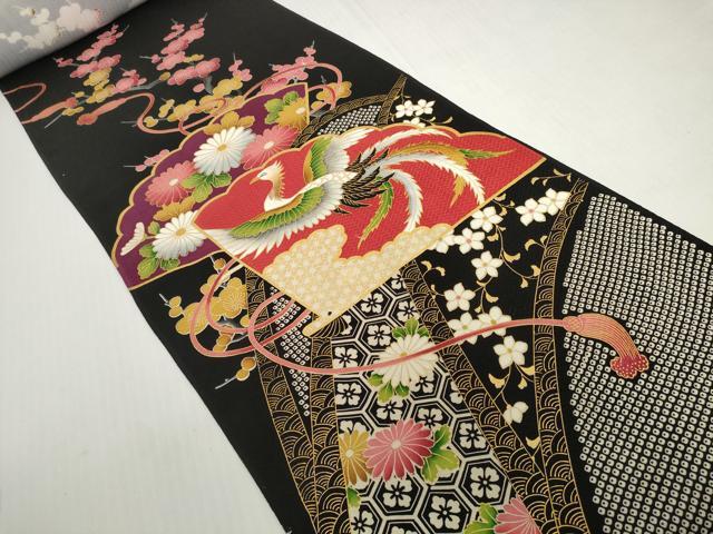 平和屋着物▼振袖 解き反物 着尺 駒刺繍 扇面花鳥文 黒地 金彩 逸品 DABH2754zzz