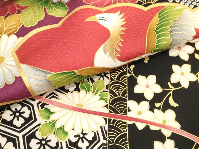 平和屋着物▼振袖 解き反物 着尺 駒刺繍 扇面花鳥文 黒地 金彩 逸品 DABH2754zzz