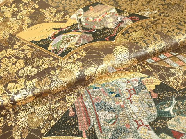 平和屋着物▼六通柄袋帯 勝宝蒔絵文 本漆研ぎ出し引箔袋 金糸 正絹 逸品 DABH6383az