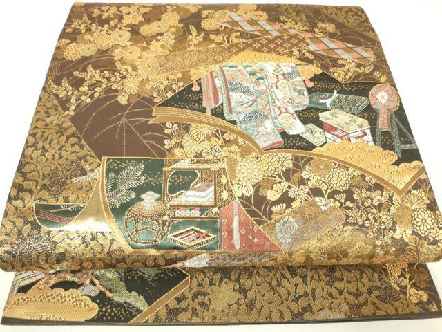 平和屋着物▼六通柄袋帯 勝宝蒔絵文 本漆研ぎ出し引箔袋 金糸 正絹 逸品 DABH6383az