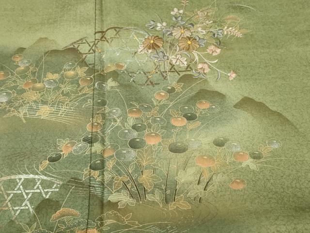平和屋着物■訪問着 刺繍 籬万寿菊草花文 暈し染め 金銀彩 正絹 逸品 CABJ2930ev