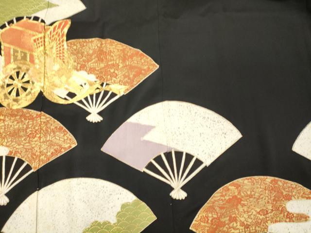 平和屋着物■豪華黒留袖 駒刺繍 扇面御所車文 金彩 正絹 逸品 CABJ6810oy