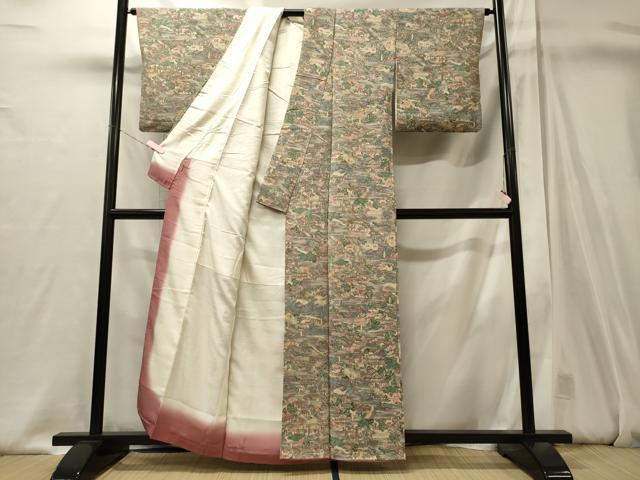 平和屋着物■上質な小紋 人物風景文 金彩 鬼しぼ縮緬 正絹 逸品 CABJ6847oy