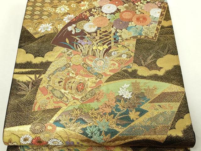 平和屋本店▼六通柄袋帯 蒔絵地紙文 本金箔 正絹 逸品 DABI1241sf