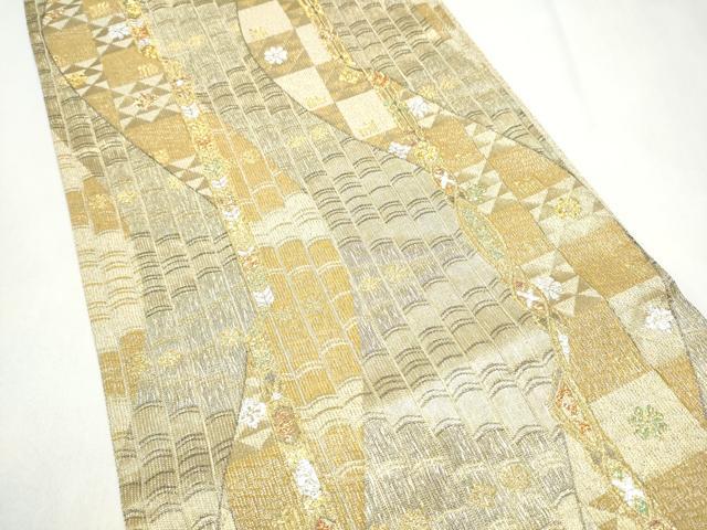 平和屋着物●六通柄袋帯 羅紗織 幾何学花文 金銀糸 正絹 逸品 CABJ8492hy