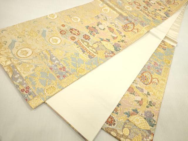 平和屋本店▼西陣 六通柄袋帯 唐織 赤手箱牡丹蒔絵之図 本金箔 証紙付き 正絹 逸品 DABH0979op
