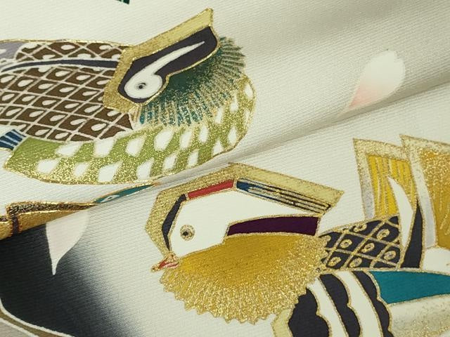平和屋本店●極上 訪問着 駒刺繍 鴛鴦 枝桜 暈し染め 黒地 金彩 ロング丈 逸品 DZAB9772kh6