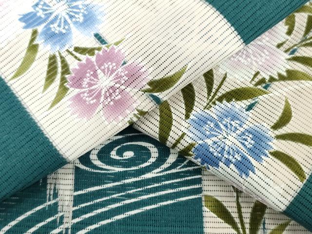 平和屋着物*夏物 浴衣 反物 着尺 綿絽 矢羽草花文 クイーンサイズ 綿 逸品 未使用 DABH3560zy