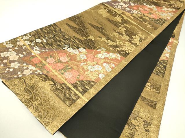 平和屋着物▼六通柄袋帯 地紙花文 金糸 正絹 逸品 DABH6469az