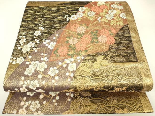 平和屋着物▼六通柄袋帯 地紙花文 金糸 正絹 逸品 DABH6469az