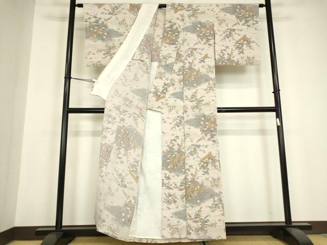 平和屋着物▽上質な小紋 単衣 御所車花文 金彩 鬼しぼ縮緬 正絹 逸品 DABH6557az
