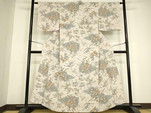 平和屋着物▽上質な小紋 単衣 御所車花文 金彩 鬼しぼ縮緬 正絹 逸品 DABH6557az