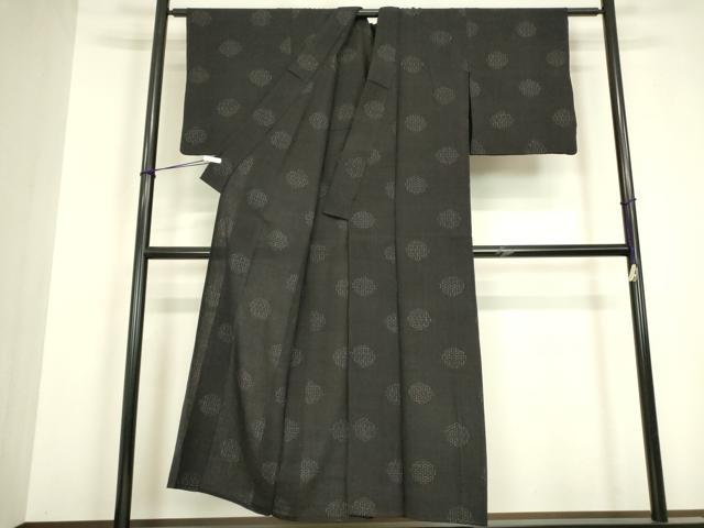 平和屋着物▽上質な紬 単衣 亀甲文 黒地 正絹 逸品 DABH6567az