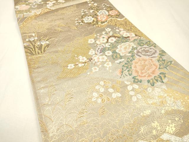 平和屋着物▼六通柄袋帯 唐織 扇面蒔絵花文 金銀糸 正絹 逸品 DABH7558fe