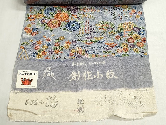 平和屋着物▼小紋 反物 着尺 流水草花文 鬼しぼ縮緬 逸品 未使用 DABG9428we