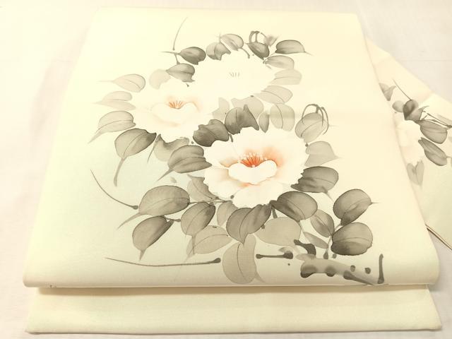 平和屋着物●塩瀬 九寸名古屋帯 作家物 手描き 草花文 正絹 逸品 CABJ7499vp