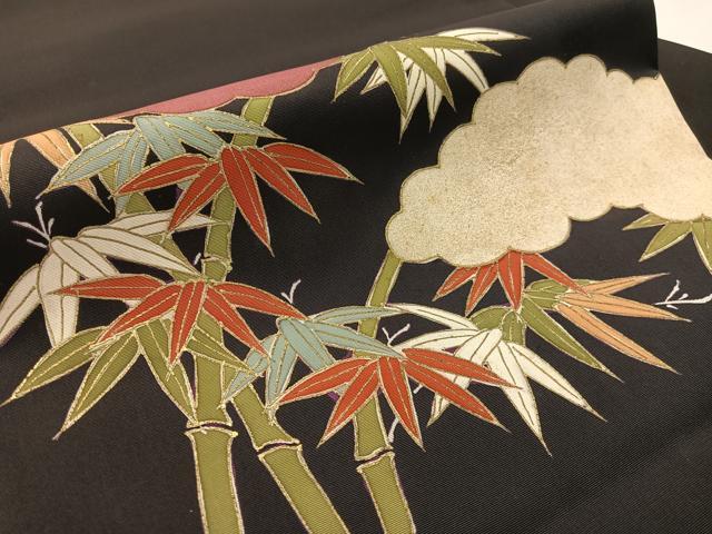 平和屋着物●塩瀬 九寸名古屋帯 雲取り笹竹文 黒地 金彩 正絹 逸品 CABJ7521vp