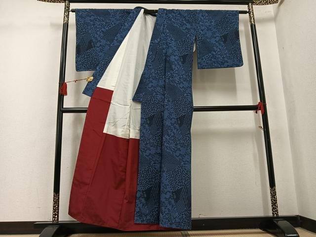 平和屋着物●上質な小紋 藍 型染め 紬地 草花文 正絹 逸品 AABK8263ph
