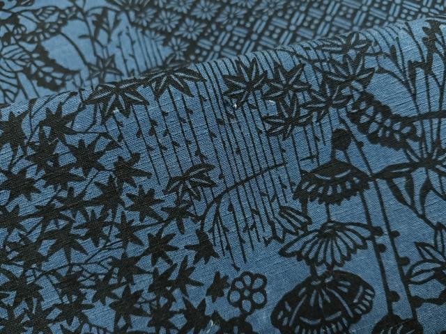 平和屋着物●上質な小紋 藍 型染め 紬地 草花文 正絹 逸品 AABK8263ph