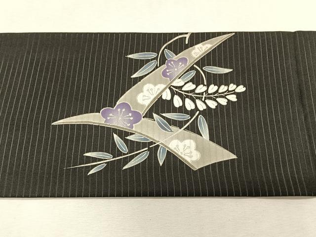 平和屋着物*夏物 絽塩瀬 九寸名古屋帯 枝花文 黒地 金銀彩 正絹 逸品 CABK1333fb