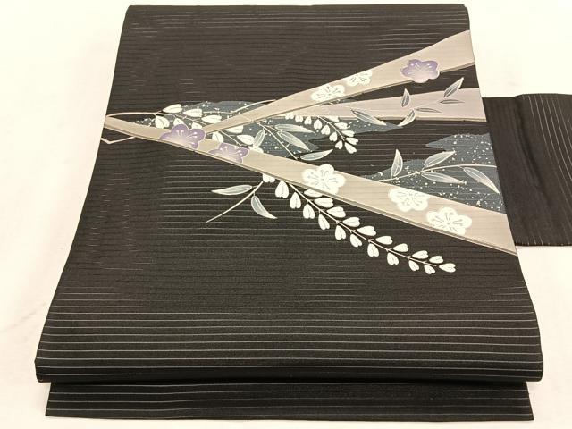 平和屋着物*夏物 絽塩瀬 九寸名古屋帯 枝花文 黒地 金銀彩 正絹 逸品 CABK1333fb