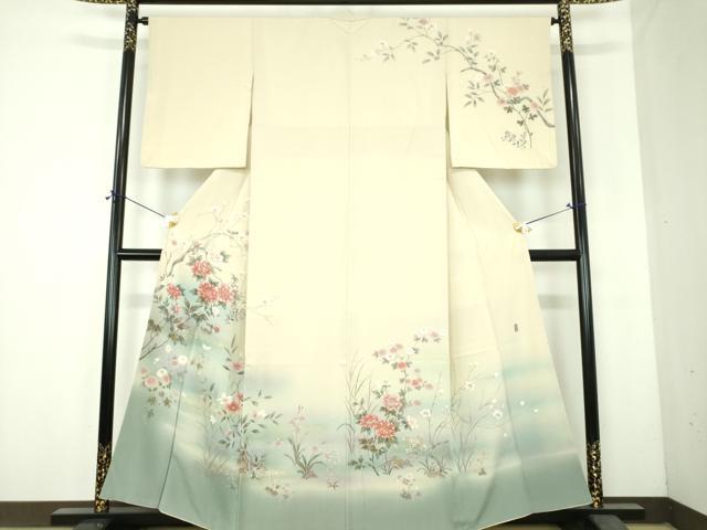 平和屋着物●十日町友禅作家 松雨 訪問着 流水花鳥文 暈し染め 金彩 正絹 逸品 DABH9889ps