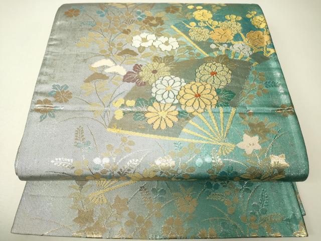 平和屋着物▼六通柄袋帯 扇面花文 金銀糸 正絹 逸品DABH6673zz