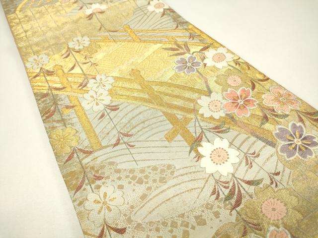 平和屋着物▼六通柄袋帯 渡り橋花文 金糸 正絹 逸品 DABH6700az