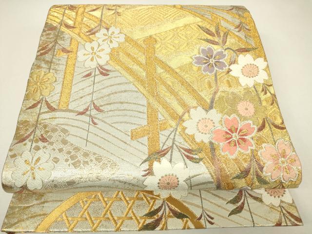 平和屋着物▼六通柄袋帯 渡り橋花文 金糸 正絹 逸品 DABH6700az