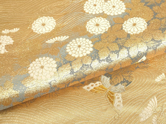 平和屋着物▼六通柄袋帯 菊舞蝶文 金糸 正絹 逸品 DABH6625az