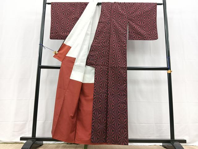 平和屋着物■上質な紬 麻の葉文様 正絹 逸品 BAAX9667yc