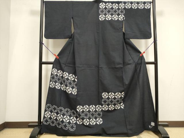 平和屋着物∴夏物 訪問着・浴衣兼用 注染 七宝繋ぎ 黒地 綿 逸品 DABI3418cd