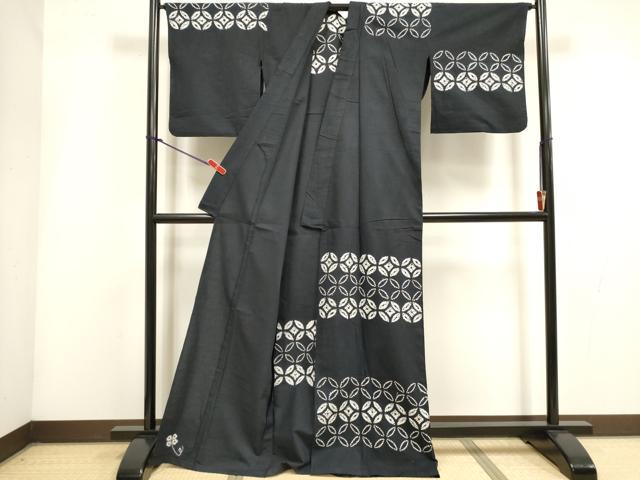 平和屋着物∴夏物 訪問着・浴衣兼用 注染 七宝繋ぎ 黒地 綿 逸品 DABI3418cd
