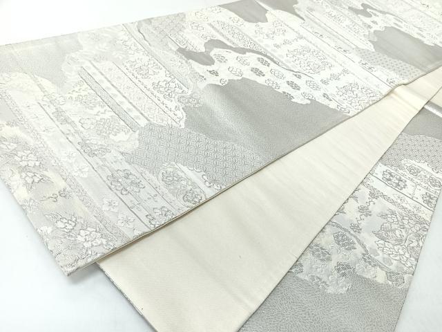 平和屋着物◎六通柄袋帯 道長向かい鳥草花文 銀糸 正絹 逸品 CABJ7813nb