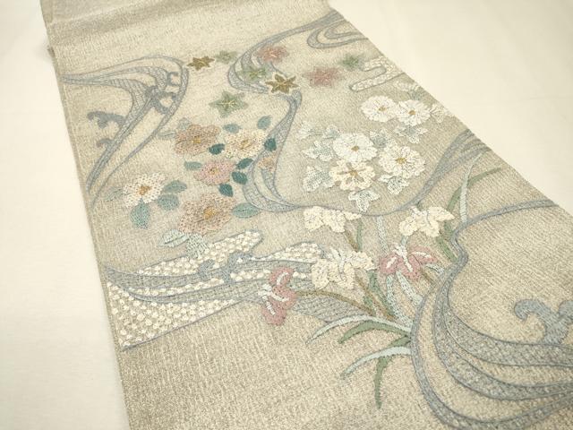 平和屋着物*夏物 絽刺し 区限刺繍 総刺繍 太鼓柄袋帯 流水花文 金銀糸 正絹 逸品 DABH7759fe