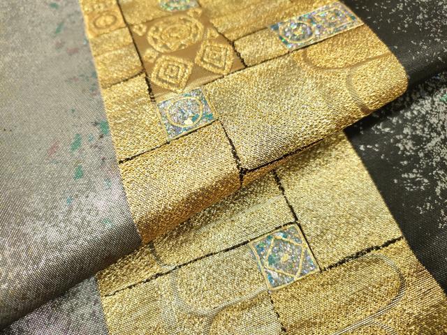 平和屋着物▼京の名門 じゅらく謹製 袋帯 螺鈿 変わり間道 ラスター箔 金銀彩 引箔 正絹 逸品 DABH7800fe