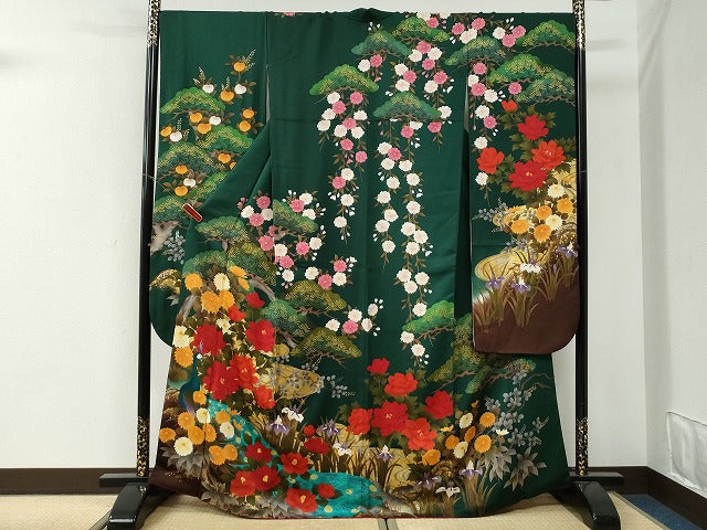 平和屋着物●豪華振袖 孔雀牡丹花文 金彩 正絹 逸品 CABI3357yc