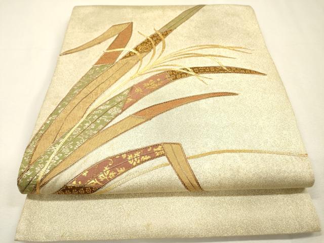 平和屋着物▼太鼓柄袋帯 駒刺繍 草葉文 金糸 正絹 逸品 DABH7837fe