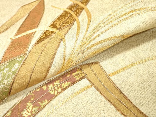 平和屋着物▼太鼓柄袋帯 駒刺繍 草葉文 金糸 正絹 逸品 DABH7837fe