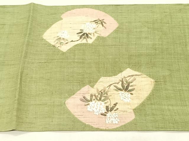 平和屋着物*夏物 染色作家 桐山紫香 手描き 九寸開き名古屋帯 地紙重ね枝花文 金彩 麻 逸品 CABK1408fb