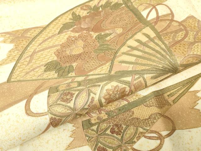 平和屋着物▼中国三大刺繍 スワトウ刺繍 汕頭刺繍 相良刺繍 太鼓柄袋帯 扇面花文 金彩 正絹 逸品 DABH6787az