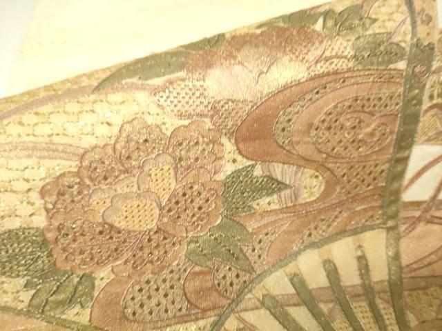 平和屋着物▼中国三大刺繍 スワトウ刺繍 汕頭刺繍 相良刺繍 太鼓柄袋帯 扇面花文 金彩 正絹 逸品 DABH6787az