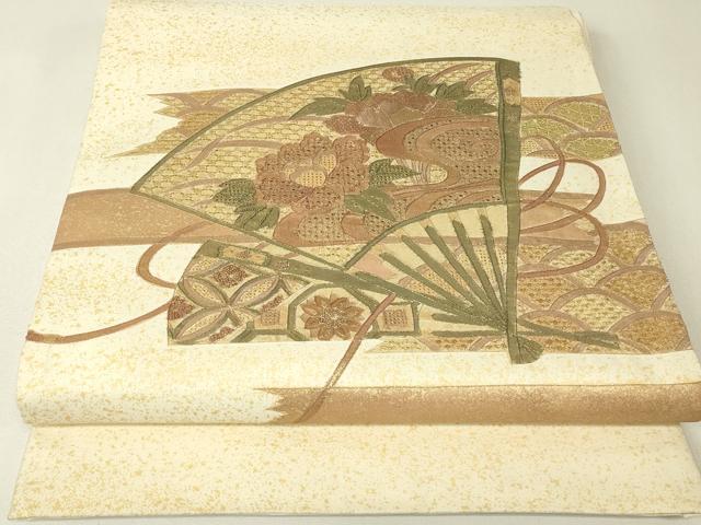 平和屋着物▼中国三大刺繍 スワトウ刺繍 汕頭刺繍 相良刺繍 太鼓柄袋帯 扇面花文 金彩 正絹 逸品 DABH6787az