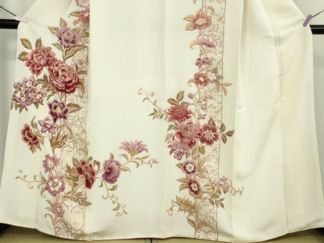 平和屋本店●極上 訪問着 高島屋上品会入選作品 刺繍 白地更紗牡丹 鎌倉ちりめん 鳥の子色地 金彩 高島屋扱い たとう紙付 逸品 DZAB4690kh6