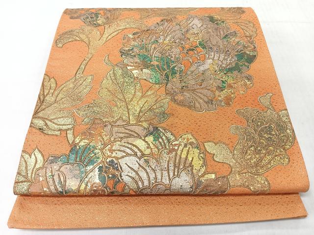 平和屋着物◎京の名門 じゅらく謹製 太鼓柄袋帯 草花文 金彩 証紙付き 正絹 逸品 CABJ7904nb