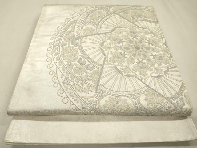 平和屋着物▼中国三大刺繍 相良刺繍 総刺繍 太鼓柄袋帯 扇面正倉院花文 銀彩 正絹 逸品 DABH7998fe