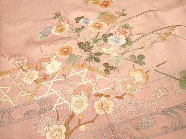 平和屋着物▼中国三大刺繍 相良刺繍 総刺繍 訪問着 籬流水花文 正絹 逸品 DABI7090fe