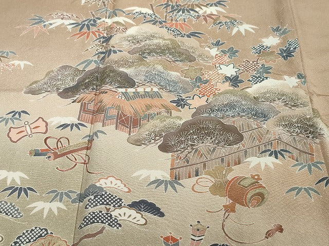 平和屋着物●訪問着 駒刺繍 流水風景草花文 暈し染め 金彩 正絹 逸品 DABI2744ud