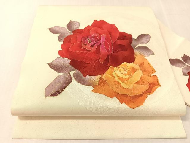 平和屋着物●塩瀬 九寸名古屋帯 ろうけつ染 バラ 金彩 正絹 逸品 CABK4682vp