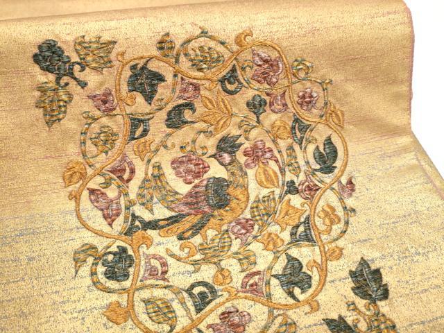 平和屋着物●太鼓柄袋帯 総刺繍 孔雀花唐草文 金彩 正絹 逸品 CABK5950hy